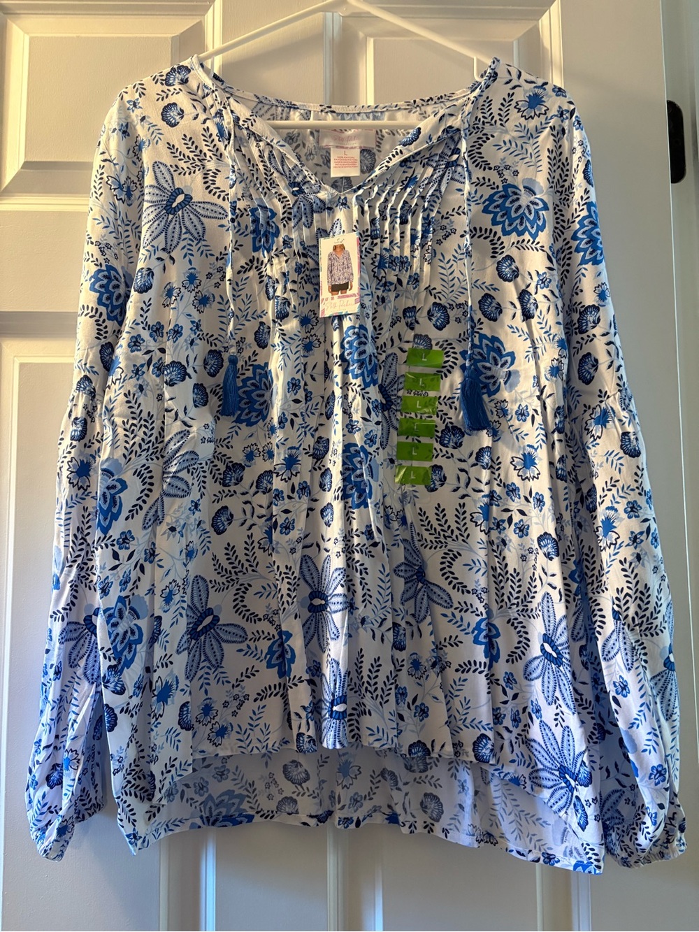Blue Floral Peasant Tunic Top - Lightweight Women's Blouse